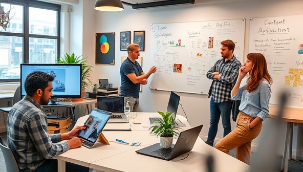 A busy creative workspace with a designer sketching on a tablet, a videographer editing footage on a computer, and a writer brainstorming content ideas on a whiteboard, reflecting a dynamic and innovative atmosphere.