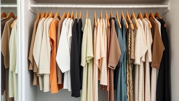 An aesthetically pleasing wardrobe closet filled with a variety of stylish and sustainable fashion pieces available for rent on EcoChicRentals, showcasing the elegance and eco-consciousness of the rental service through high-quality imagery.