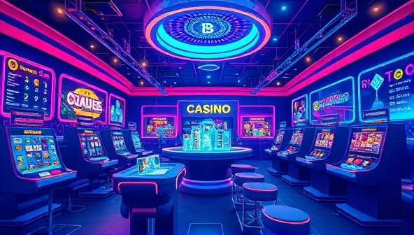 An immersive digital illustration depicting a vibrant virtual casino environment with blockchain symbols, transparent gaming interfaces, and cryptocurrency transactions, symbolizing the innovative and decentralized nature of CryptoCasino Oasis as a cutting-edge gambling platform.