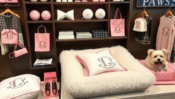 A chic and stylish pet boutique display featuring a range of customized pet accessories, including embroidered collars, plush pet beds with monogrammed pillows, and matching pet-owner accessory sets, creating a luxurious and fashionable atmosphere at Paws & Style Co., where pets are pampered in style.