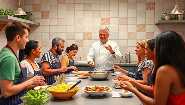 A vibrant virtual cooking class setting with a diverse group of participants following a chef's instructions on preparing a colorful dish, showcasing a fun and interactive learning environment.