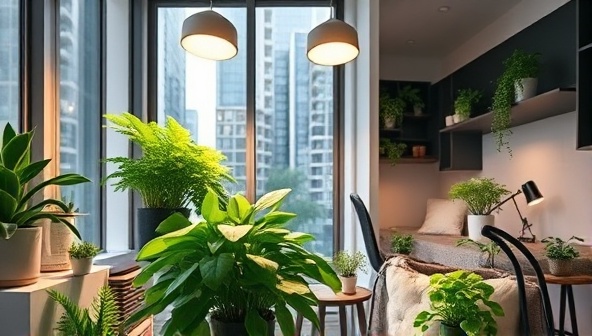 An indoor city apartment with a sleek, modern setup featuring the smart urban farming kit in action, showcasing lush green plants thriving under the LED grow lights, creating a vibrant and sustainable living space.