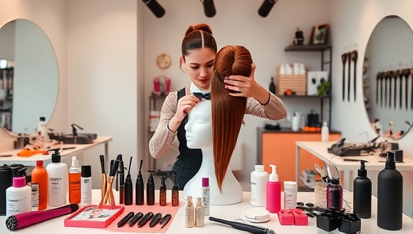 An engaging virtual hairstyling masterclass setup with a professional hairstylist demonstrating a trendy hairdo on a mannequin head, surrounded by various hair tools, products, and styling accessories, creating a vibrant and interactive learning environment.
