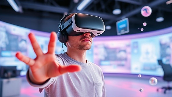 An immersive VR environment showing a designer wearing VR goggles, gesturing and interacting with digital design elements floating in 3D space, creating a futuristic and engaging representation of the VRWeb Studio experience.
