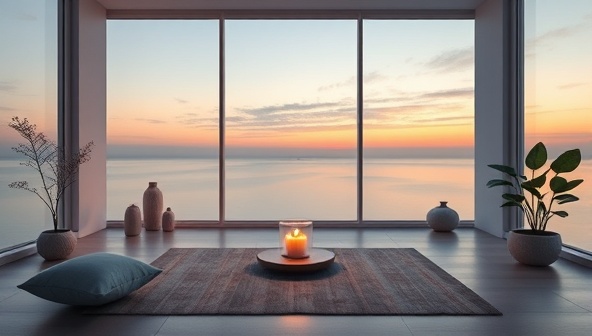 A serene virtual space with calming visuals and mindful elements, symbolizing the peaceful and supportive environment offered by MindfulMentors for mental wellness coaching sessions, promoting relaxation and emotional well-being.