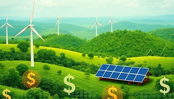 An artistic representation of a lush green landscape with wind turbines and solar panels, intertwined with financial symbols like dollar signs and growth charts, symbolizing the harmonious blend of sustainability and financial prosperity at GreenGrowth Investments.