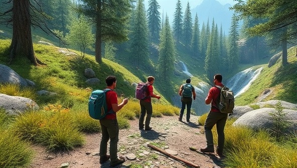 An immersive virtual adventure scene featuring a group of avatars exploring a digital wilderness environment, navigating obstacles, and completing challenges under the guidance of experienced adventure mentors, fostering a sense of camaraderie and exploration.
