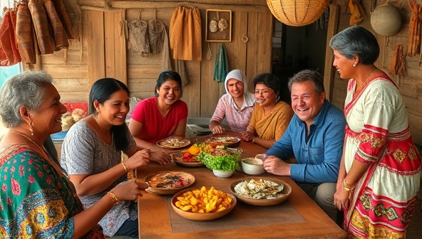 A group of travelers laughing and sharing a meal with local hosts in a cozy village setting, surrounded by handmade crafts and cultural artifacts, showcasing the authentic and interactive nature of LocalVoyage Connect experiences.