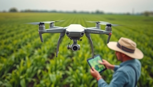 A dynamic aerial shot of a drone hovering over a lush green farm field, capturing detailed images of crops and soil patterns, with a farmer observing the live feed on a tablet, showcasing the high-tech and innovative approach to precision agriculture.
