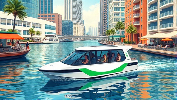 A picturesque illustration of an electric water taxi gliding through a vibrant urban waterfront with passengers enjoying the panoramic views and modern amenities onboard, capturing the essence of AquaShuttle Electric's eco-friendly and leisurely transportation service.