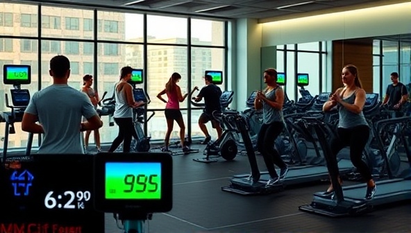 An image of a gym setting with people exercising on EcoFit equipment, with visible energy meters showing the electricity generated during the workout, illustrating the concept of green fitness and energy production.