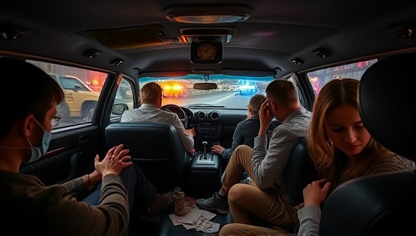 An immersive escape room scene set in a vintage car interior, with participants engrossed in solving puzzles, mysterious clues scattered around the room, a countdown clock adding suspense, creating a thrilling and interactive atmosphere.