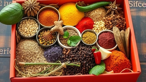 An enticing image of a diverse array of spices, herbs, and exotic ingredients neatly arranged in a vibrant, eye-catching box, symbolizing the fusion of different culinary cultures.