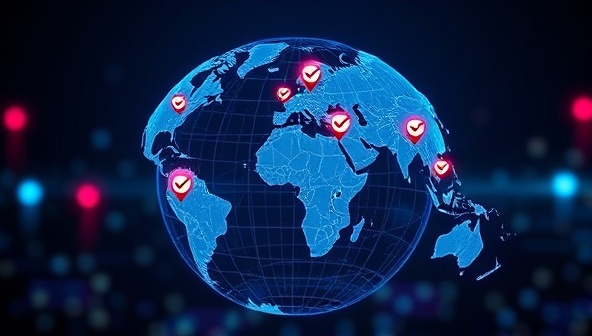 An image of a digital globe with interconnected audit checkpoints across various continents, symbolizing global reach and remote audit capabilities for multinational businesses, illustrating seamless compliance monitoring across borders.
