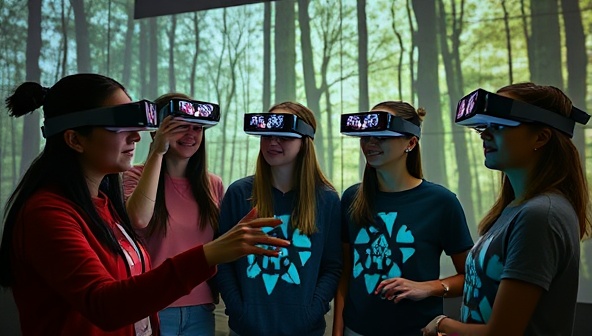 A group of workshop participants wearing AR glasses, immersed in a digital forest setting, interacting with virtual story elements projected around them, illustrating the engaging and interactive nature of the workshops.