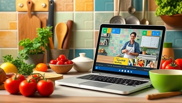 A colorful kitchen setup with fresh ingredients, cooking utensils, and a laptop displaying a virtual cooking class in progress, conveying a vibrant and interactive cooking experience.