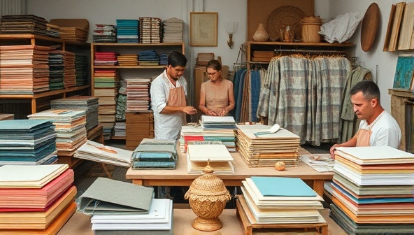An artisan workshop scene with craftsmen handcrafting recycled paper into elegant journals and decorative items, surrounded by stacks of colorful recycled paper sheets and crafting tools, exuding creativity and sustainability in the production process.