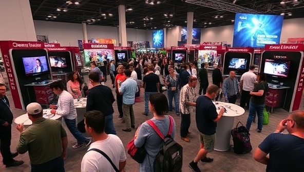 An immersive virtual gaming convention scene with avatars representing attendees engaging in live panels, game demos, and networking activities in a digital exhibition hall, showcasing the interactive and dynamic nature of GameFest Online's virtual events.