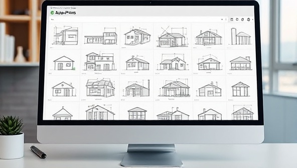 A digital platform interface displaying a variety of construction blueprints on a computer screen, with a diverse range of architectural styles and project types, symbolizing creativity and convenience.
