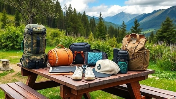 An outdoor setting with a collection of eco-friendly travel gear neatly arranged on a picnic table, surrounded by lush greenery and a backdrop of mountains, illustrating a harmonious blend of nature and sustainable travel.