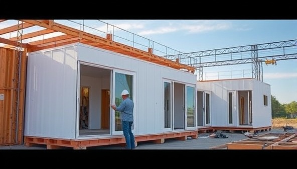 An architect assembling modular building components on a construction site, surrounded by prefabricated walls, panels, and roof structures, showcasing the efficiency and flexibility of modular architecture design and construction.