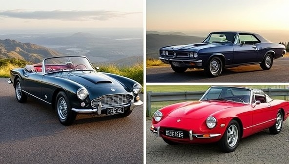 An elegant collage of classic cars featured on RetroRides Rental, including a vintage convertible, a retro muscle car, and a sleek sports coupe, set against a backdrop of a scenic road, capturing the allure and charm of classic car rentals for memorable experiences.