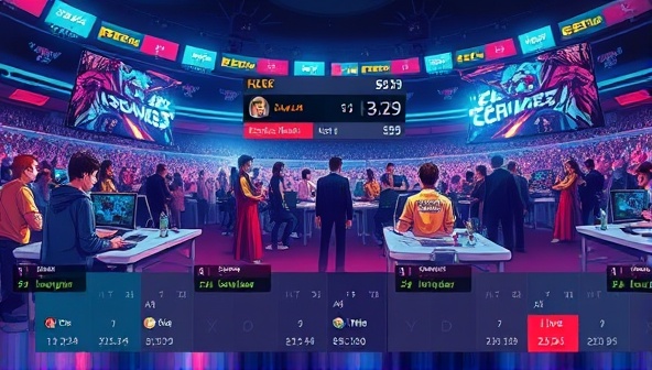 A dynamic illustration of gamers competing in an esports arena, with a digital interface showing live betting options and player statistics, capturing the excitement and competitive spirit of skill-based esports betting.