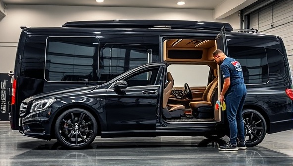 An elegant and professional mobile detailing unit parked next to a luxury vehicle, showcasing the team in action meticulously cleaning the car's interior with specialized tools and products, exuding sophistication and attention to detail.