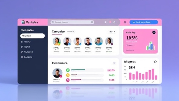 An online platform interface showcasing a dashboard with influencer profiles, campaign analytics, and collaboration tools, symbolizing the virtual influencer marketing platform's functionality and efficiency.