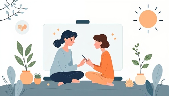 An emotional digital illustration of a virtual mental health coaching session, showing a coach and a client engaging in a supportive conversation on a virtual call, surrounded by calming nature elements and mindfulness symbols, conveying empathy and mental well-being.