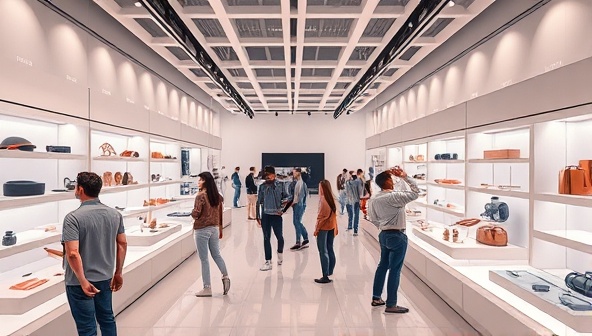 An immersive VR showroom environment with virtual product displays, interactive features, and a diverse group of users exploring products, creating a futuristic and engaging shopping experience.