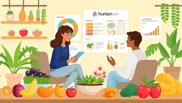 An inviting digital illustration depicting a nutrition coaching session with a client discussing meal plans and healthy eating habits, surrounded by colorful fruits, vegetables, and nutritional charts to convey a sense of nourishment and balanced nutrition coaching.