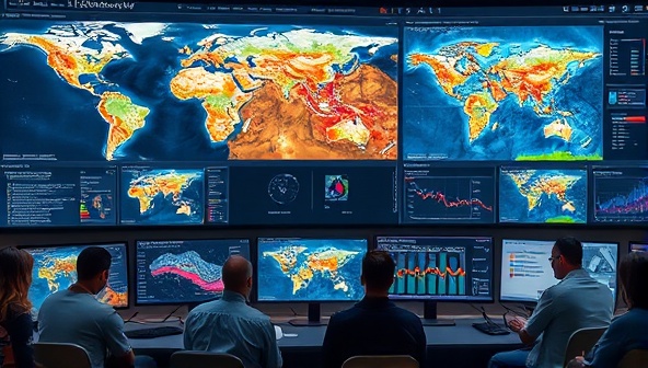 An advanced AI interface displaying intricate geological maps and mineral deposit predictions, with a team of geologists and data scientists analyzing the results on multiple screens, illustrating the cutting-edge technology and expertise behind MinerAI Discover.