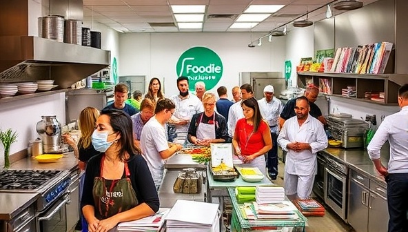 A vibrant and bustling shared kitchen space filled with chefs and food entrepreneurs collaborating, cooking, and exchanging ideas, surrounded by modern kitchen equipment, recipe books, and Foodie Launchpad branding, fostering creativity and culinary innovation.