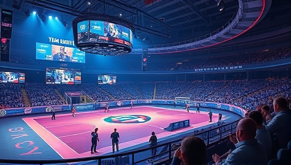 An immersive digital artwork featuring a futuristic eSports arena with virtual team drafts, in-game highlights, and cheering spectators, capturing the excitement and competitive spirit of fantasy eSports betting on eSports Fantasy Arena, highlighting the fusion of eSports and fantasy sports in a dynamic gaming environment.