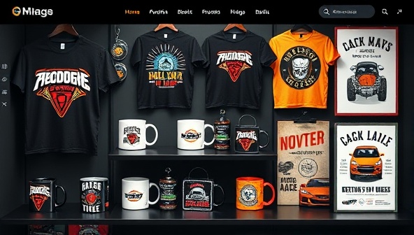 An online product display featuring a variety of automotive-themed merchandise, including t-shirts, mugs, keychains, and posters, with vibrant designs and catchy slogans, creating a visually appealing and enticing shopping experience for car enthusiasts and fans of automotive culture.