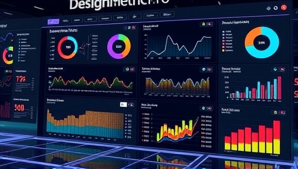 A dynamic visualization of design metrics and analytics data displayed in a futuristic interface, with graphs, charts, and engagement indicators, showcasing the data-driven insights and optimization capabilities of DesignMetricsPro.