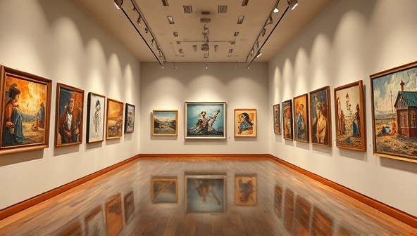 An immersive digital gallery space featuring a collection of diverse artworks displayed on virtual walls, with interactive elements for users to zoom in, view details, and experience the beauty of art online, inviting art enthusiasts into a virtual art world.