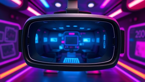 A virtual reality headset displaying a futuristic escape room setting with digital puzzles and hidden clues, engaging players in a thrilling and immersive experience.