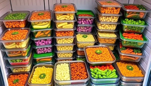 An array of colorful, freshly prepared meal containers neatly arranged in a fridge, ready for delivery, highlighting the convenience and variety of Chef's Choice Prep's customized meal solutions for busy individuals.