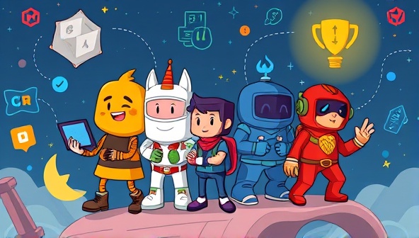 An animated illustration showing characters representing different coding languages embarking on a coding quest together, surrounded by digital challenges and rewards, capturing the essence of gamified learning in coding education.
