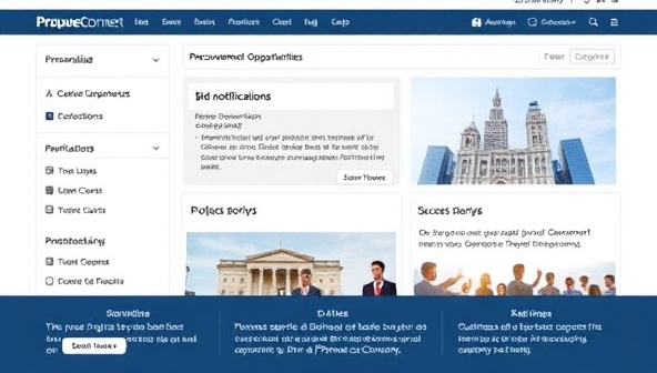 An interactive platform interface displaying personalized procurement opportunities, bid notifications, and success stories of businesses securing government contracts through ProcureConnect, showcasing transparency and opportunity.
