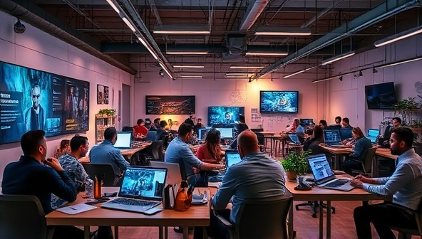 An image of a vibrant tech incubator space with startups working on mining-related technologies, mentors providing guidance, and investors reviewing pitch decks, illustrating the collaborative and innovative ecosystem fostered by MineTech Forge.