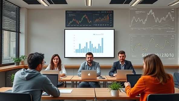 A dynamic online classroom setting with diverse students engaging in a virtual discussion on cryptocurrency trends, with digital currency charts and blockchain diagrams in the background, symbolizing cutting-edge education in the crypto space.