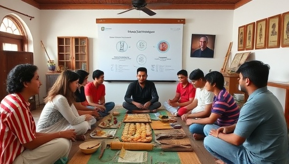 An engaging workshop scene with a diverse group of participants interacting virtually with a cultural expert, surrounded by artifacts and tools representative of the workshop theme, fostering a sense of learning and cultural exchange.