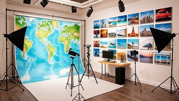 An artistic studio setup with photography equipment, travel-inspired backdrops, and a gallery wall displaying captivating travel images, evoking a sense of wanderlust and creativity in the space of Wanderlust Capture Studio.