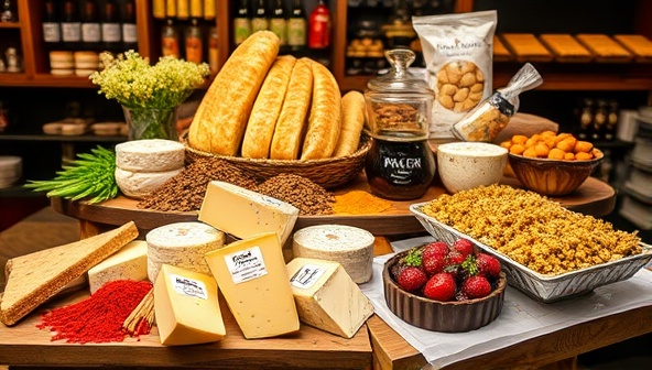 An appetizing display of gourmet food items like artisanal cheeses, freshly baked bread, exotic spices, and decadent desserts arranged in a visually captivating setting, enticing food lovers to explore the diverse flavors and culinary delights offered by FlavorCraft Market.
