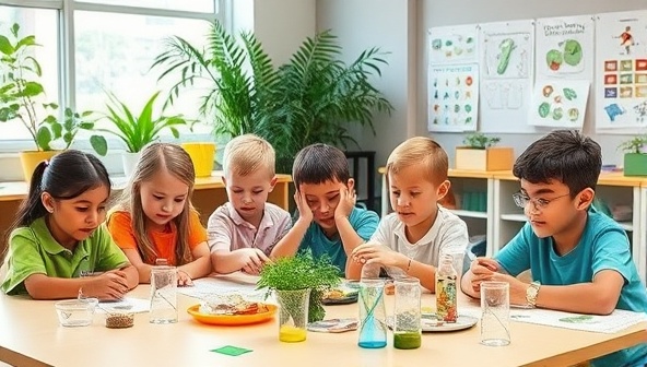 A vibrant classroom setting with kids engaged in hands-on STEM experiments using recycled materials, plants in the background, and eco-friendly educational posters on the walls, creating a green and interactive learning environment.