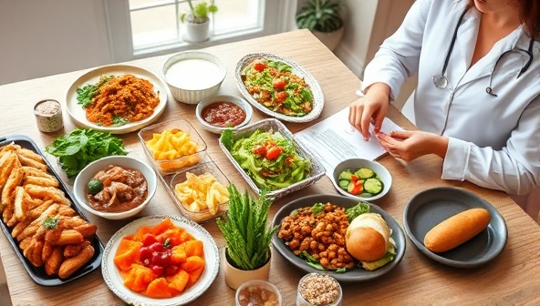 A diverse array of allergy-friendly dishes beautifully presented on a table, with symbols indicating common allergens and dietary restrictions, alongside a nutrition specialist discussing personalized meal plans with a client, conveying a sense of care, support, and customized nutrition solutions.