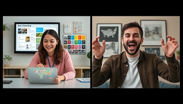 A split-screen image showing a designer on a video call with a client, with one side displaying the designer's digital mood board creation process and the other side showing the client's excited reaction, conveying a seamless virtual design experience.